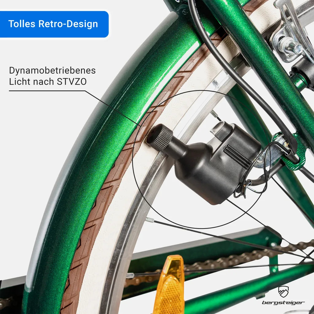 Bergsteiger Marseille 26 Zoll 28 Zoll Damenfahrrad, ab 150 cm, Korb aus Rattan, Fahrrad-Licht, Damen-Citybike, Damenrad im Retro-Design, 6 Gang Shimano Tourney Schaltung