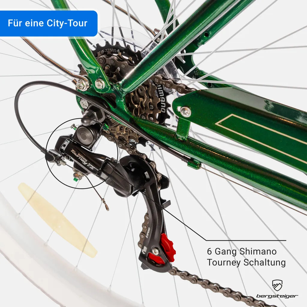 Bergsteiger Marseille 26 Zoll 28 Zoll Damenfahrrad, ab 150 cm, Korb aus Rattan, Fahrrad-Licht, Damen-Citybike, Damenrad im Retro-Design, 6 Gang Shimano Tourney Schaltung