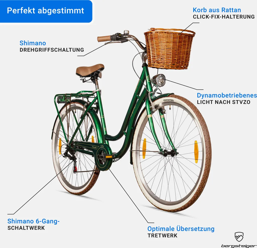 Bergsteiger Marseille 26 Zoll 28 Zoll Damenfahrrad, ab 150 cm, Korb aus Rattan, Fahrrad-Licht, Damen-Citybike, Damenrad im Retro-Design, 6 Gang Shimano Tourney Schaltung