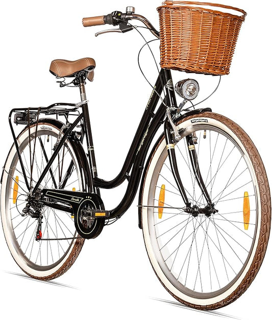 Bergsteiger Marseille 26 Zoll 28 Zoll Damenfahrrad, ab 150 cm, Korb aus Rattan, Fahrrad-Licht, Damen-Citybike, Damenrad im Retro-Design, 6 Gang Shimano Tourney Schaltung