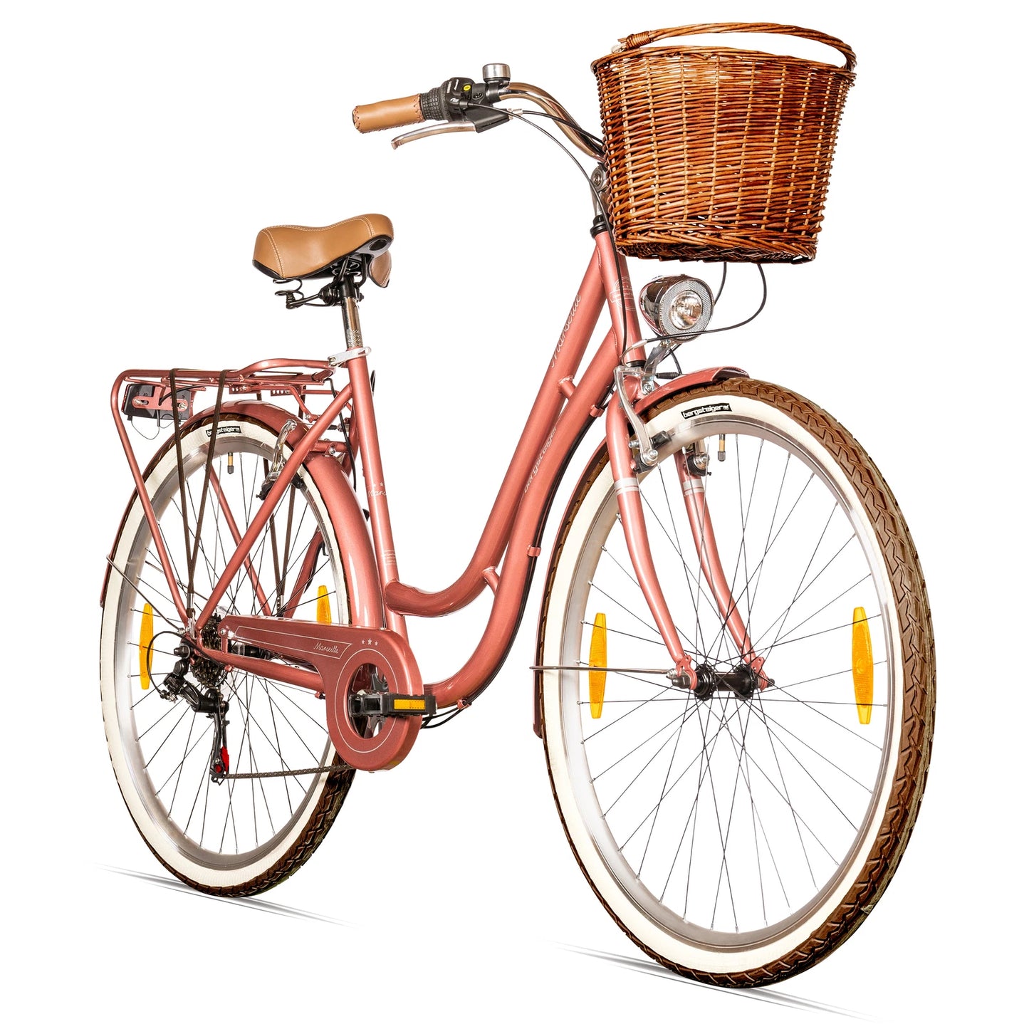 Bergsteiger Marseille 26 Zoll 28 Zoll Damenfahrrad, ab 150 cm, Korb aus Rattan, Fahrrad-Licht, Damen-Citybike, Damenrad im Retro-Design, 6 Gang Shimano Tourney Schaltung